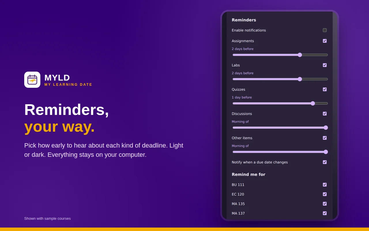 MYLD reminder settings in dark mode with a slider for each kind of deadline