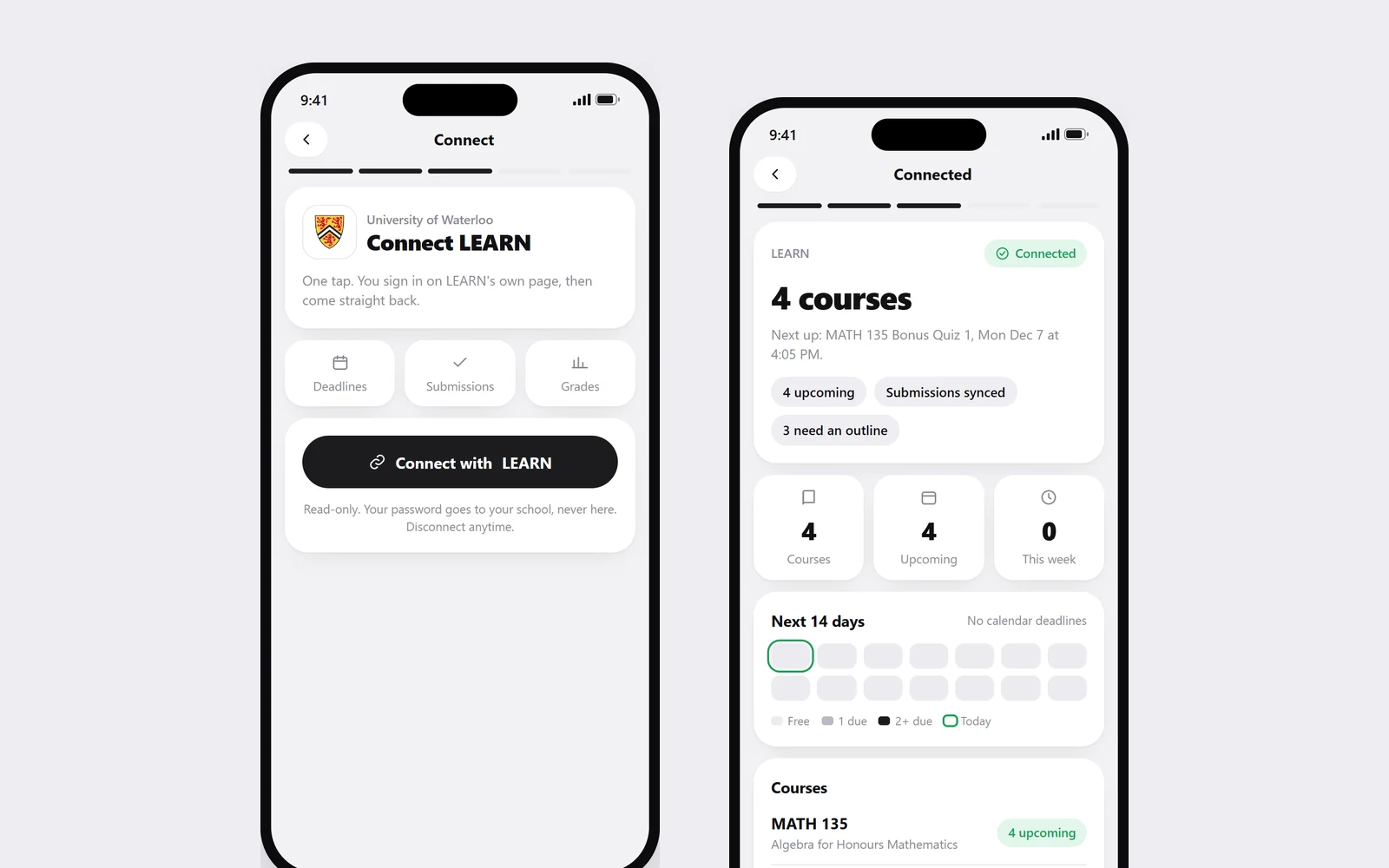 Setup screens connecting Waterloo LEARN and listing the four courses it found