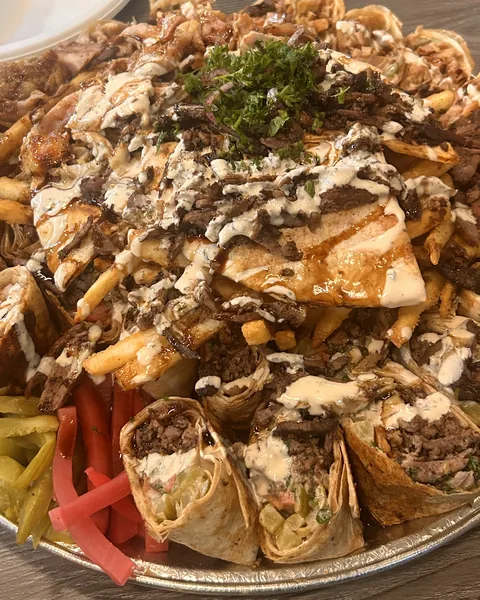 A huge shawarma platter shared with friends